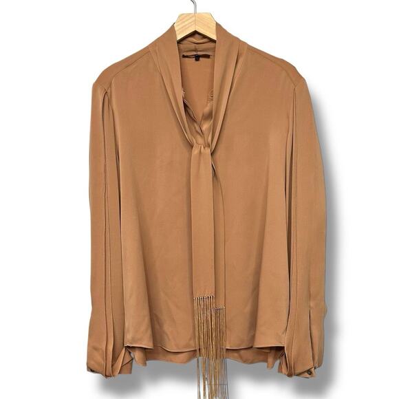 Kobi Halpern Tara Blouse Silk Women Sz Large Long Sleeve Fringed Tie Neck Copper - Picture 2 of 16
